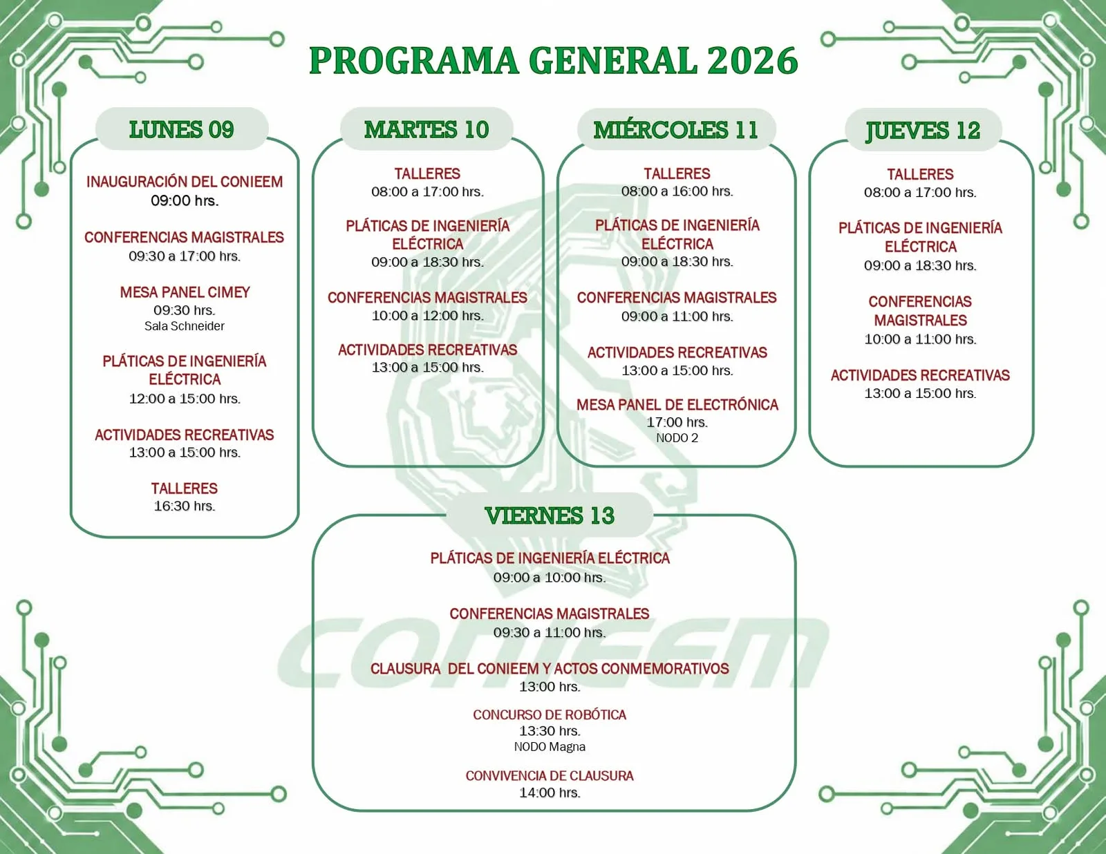 Programa general del CONIEEM 2026 del lunes 9 al viernes 13 de noviembre