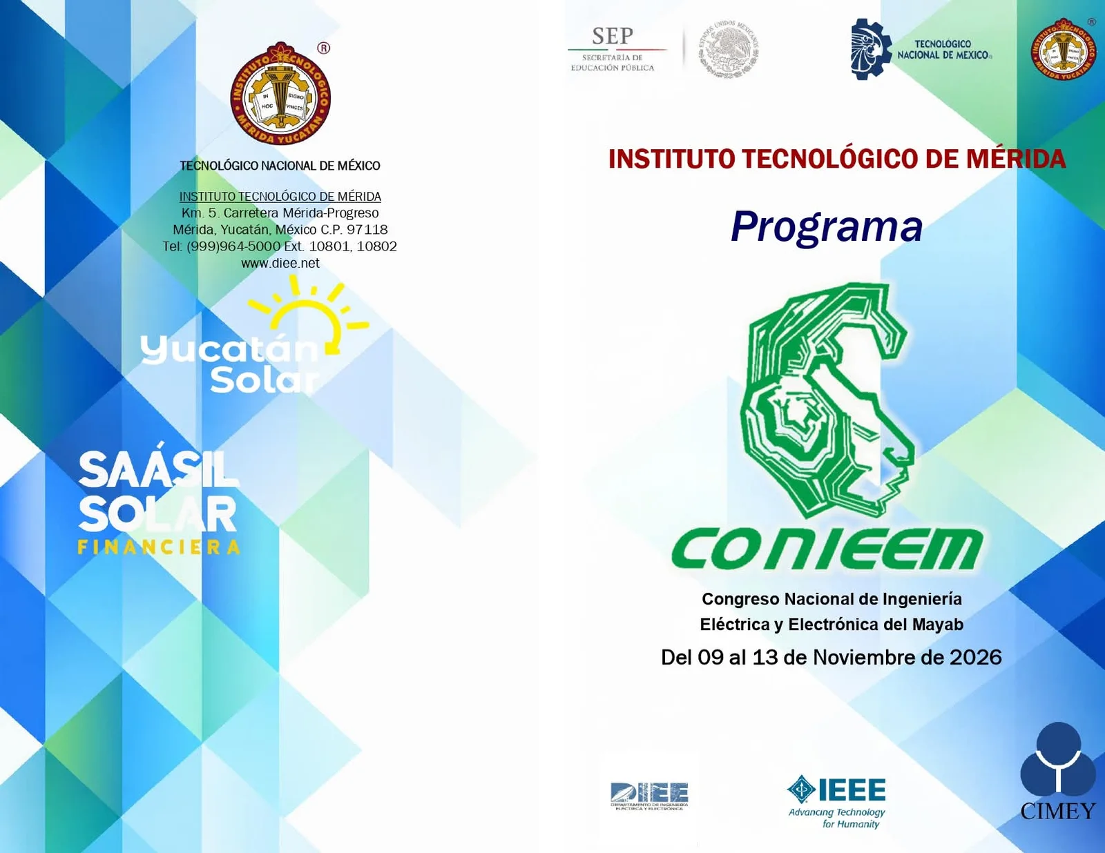 Portada y contraportada del programa del CONIEEM 2026 con los logotipos de Yucatán Solar y Saásil Solar Financiera