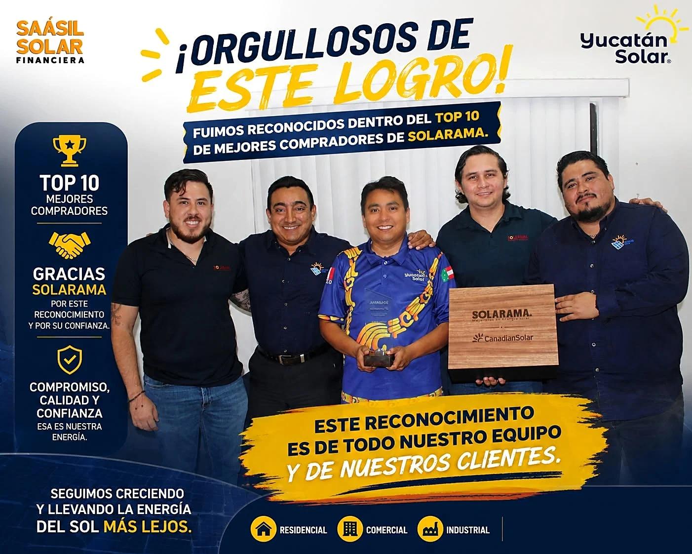 Equipo de Yucatán Solar con el reconocimiento TOP 10 de mejores compradores de Solarama